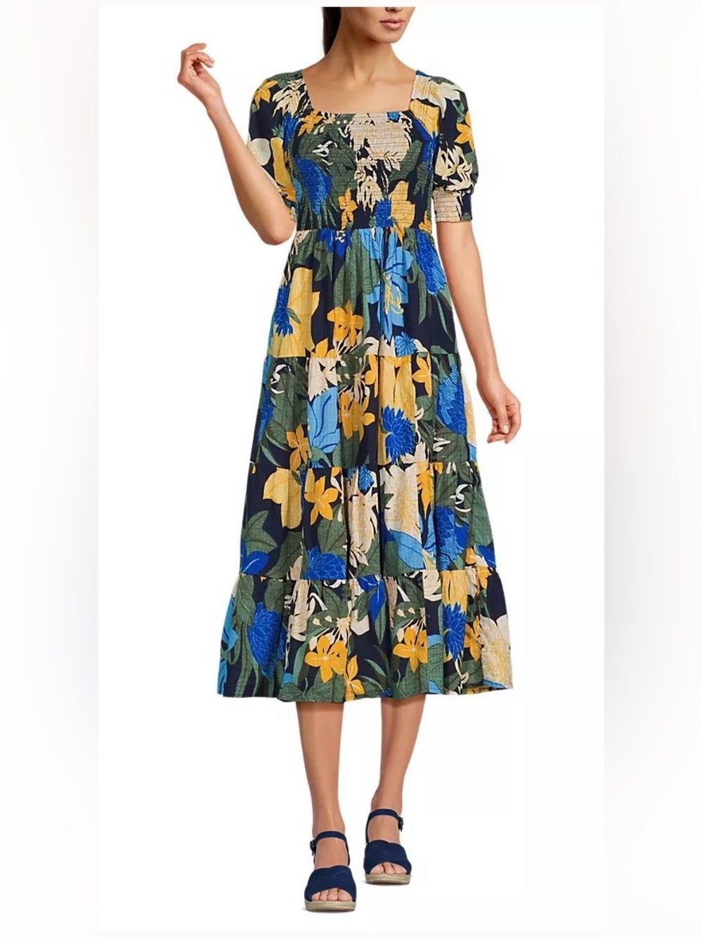 Land’s End Women's Smocked Cotton Dobby Midi Puff Sleeve Dress Floral Large